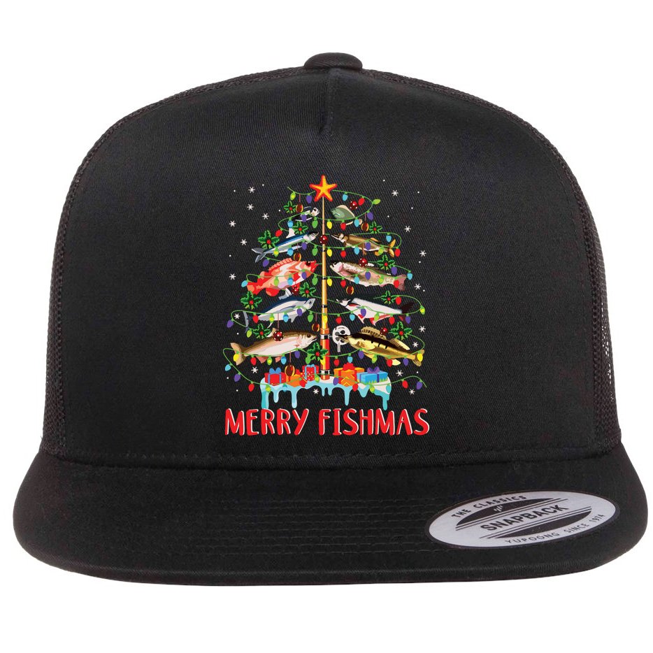 Merry Fishmas Funny Christmas Tree Lights Fish Fishing Rod Flat Bill Trucker Hat