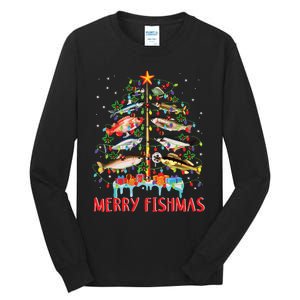 Merry Fishmas Funny Christmas Tree Lights Fish Fishing Rod Tall Long Sleeve T-Shirt