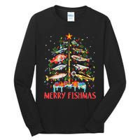 Merry Fishmas Funny Christmas Tree Lights Fish Fishing Rod Tall Long Sleeve T-Shirt