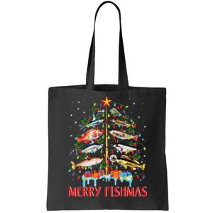 Merry Fishmas Funny Christmas Tree Lights Fish Fishing Rod Tote Bag