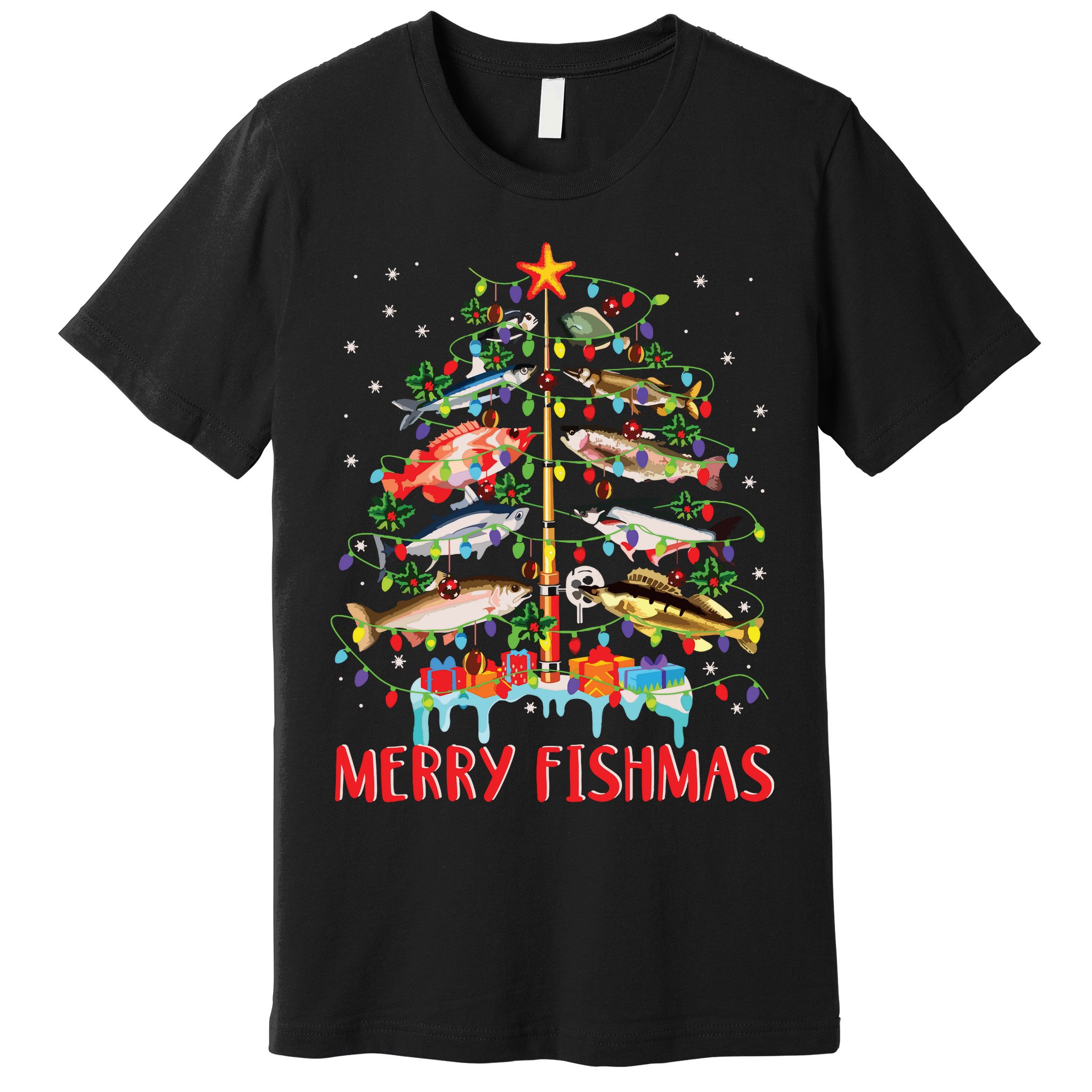 Merry Fishmas Funny Christmas Tree Lights Fish Fishing Rod Premium T-Shirt