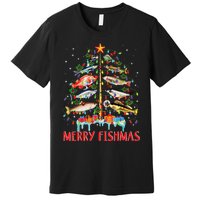 Merry Fishmas Funny Christmas Tree Lights Fish Fishing Rod Premium T-Shirt