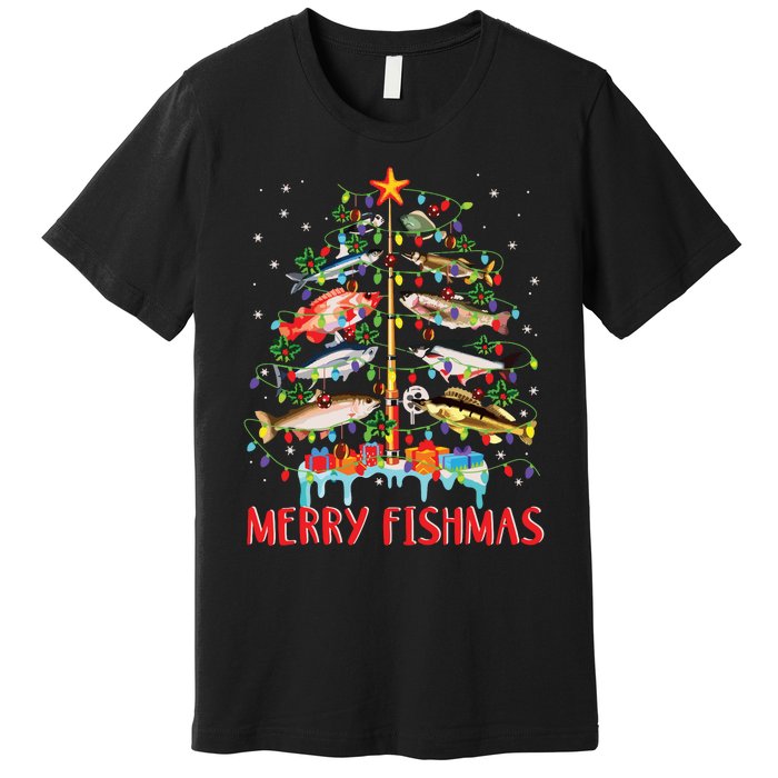 Merry Fishmas Funny Christmas Tree Lights Fish Fishing Rod Premium T-Shirt