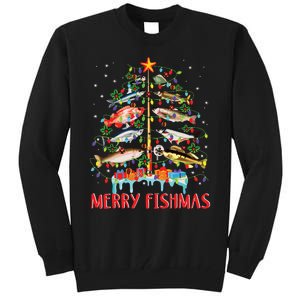 Merry Fishmas Funny Christmas Tree Lights Fish Fishing Rod Tall Sweatshirt