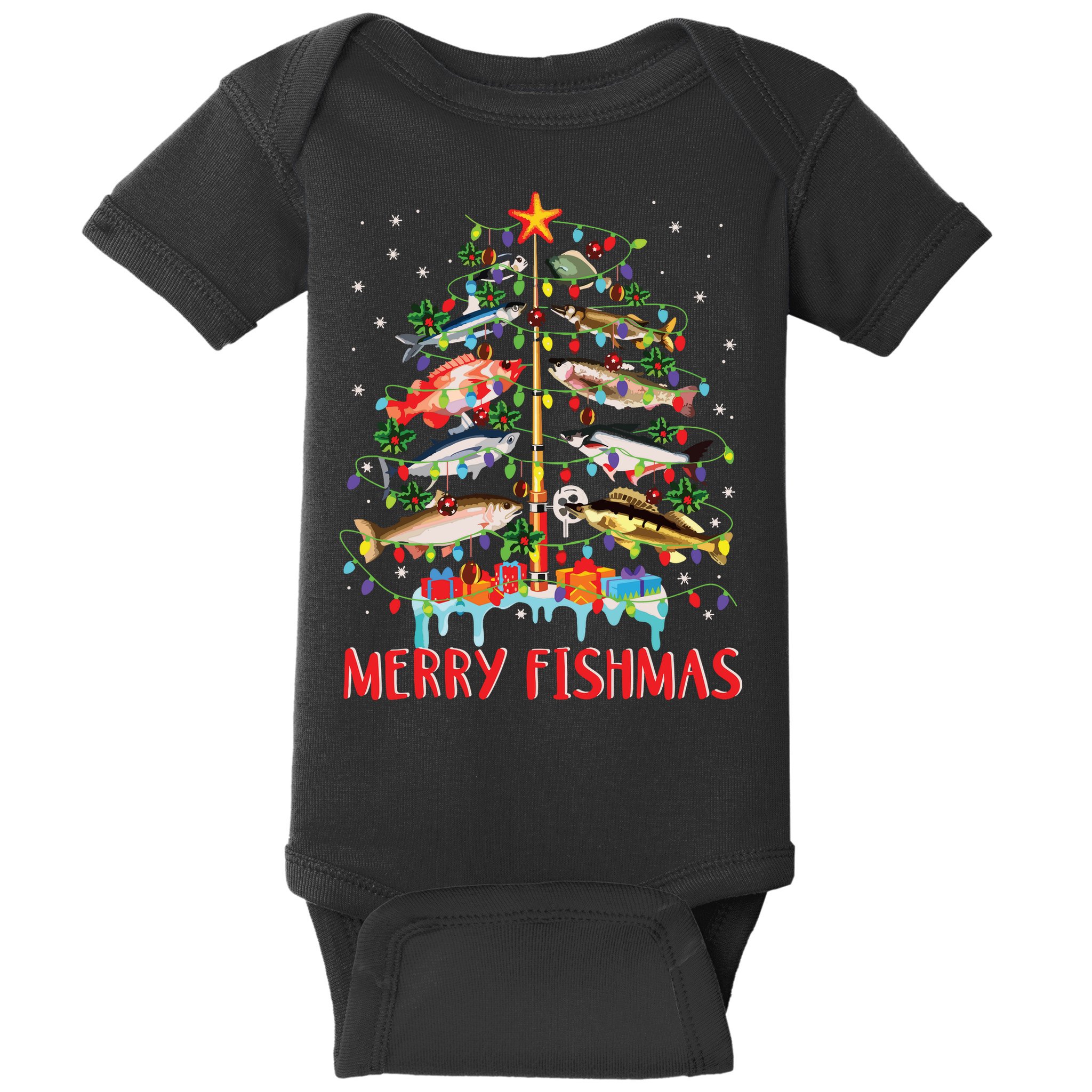 Merry Fishmas Funny Christmas Tree Lights Fish Fishing Rod Baby Bodysuit
