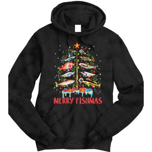 Merry Fishmas Funny Christmas Tree Lights Fish Fishing Rod Tie Dye Hoodie