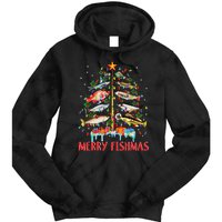 Merry Fishmas Funny Christmas Tree Lights Fish Fishing Rod Tie Dye Hoodie