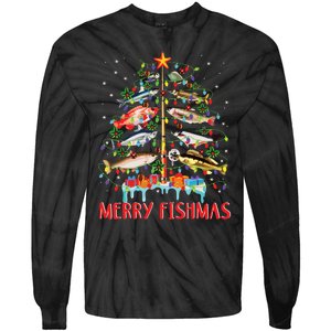 Merry Fishmas Funny Christmas Tree Lights Fish Fishing Rod Tie-Dye Long Sleeve Shirt