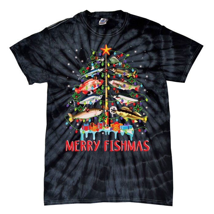 Merry Fishmas Funny Christmas Tree Lights Fish Fishing Rod Tie-Dye T-Shirt