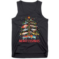 Merry Fishmas Funny Christmas Tree Lights Fish Fishing Rod Tank Top