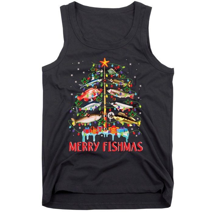 Merry Fishmas Funny Christmas Tree Lights Fish Fishing Rod Tank Top