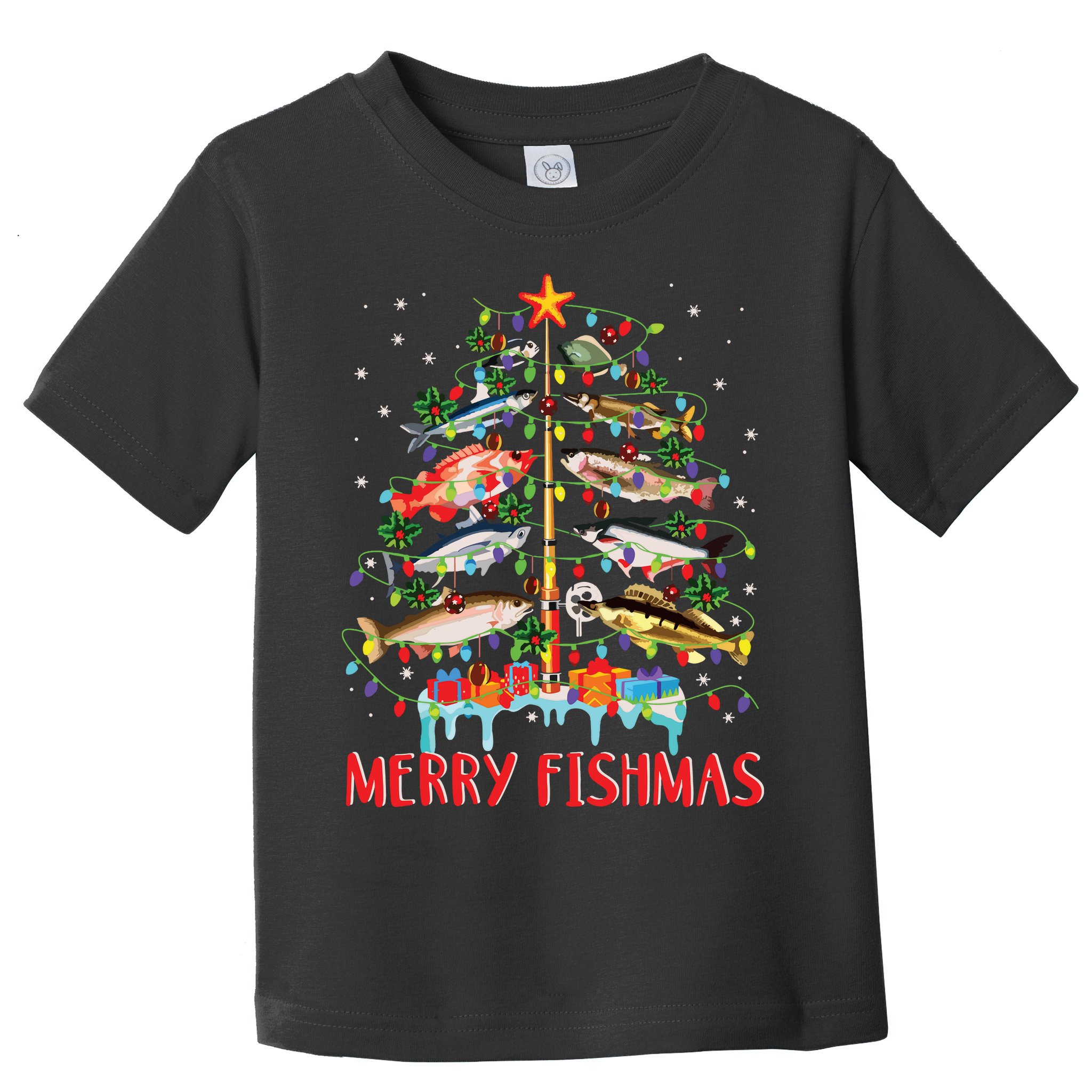 Merry Fishmas Funny Christmas Tree Lights Fish Fishing Rod Toddler T-Shirt