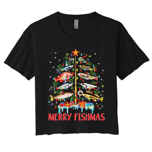 Merry Fishmas Funny Christmas Tree Lights Fish Fishing Rod Women's Crop Top Tee