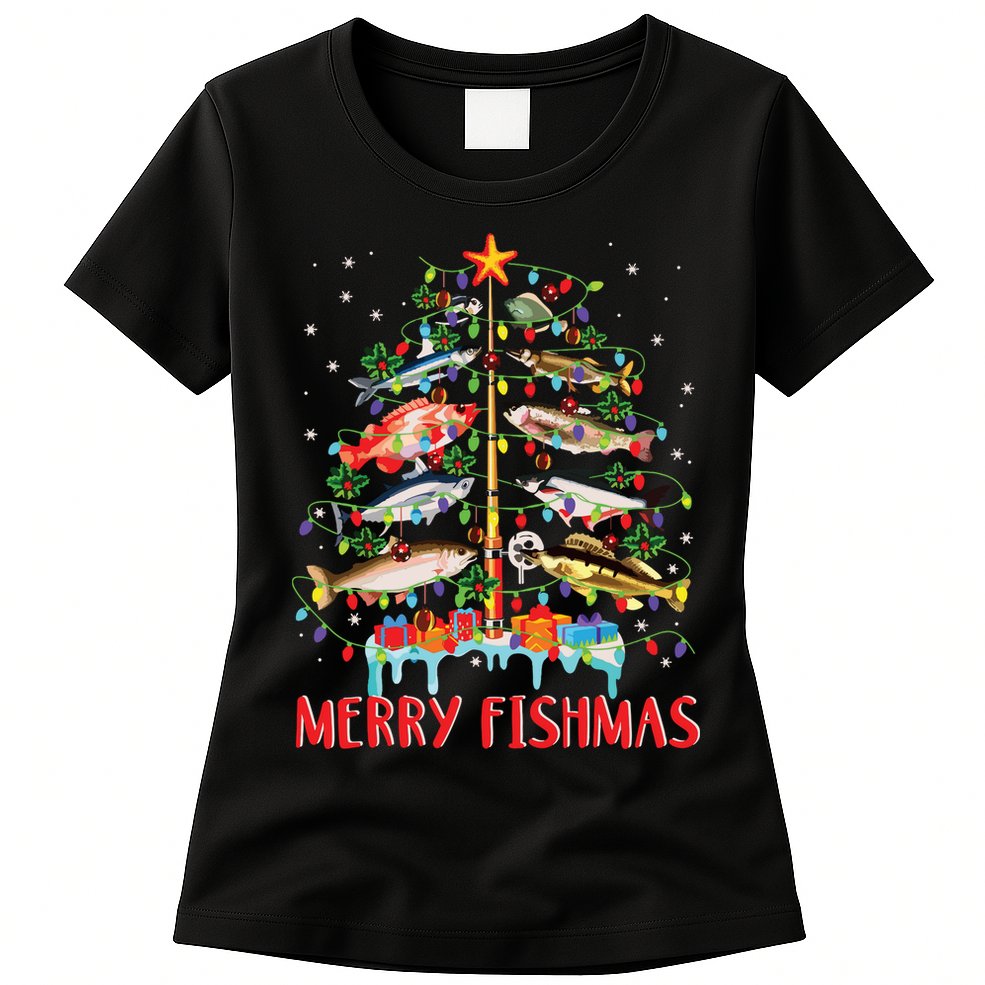 Merry Fishmas Funny Christmas Tree Lights Fish Fishing Rod Womens T-Shirt