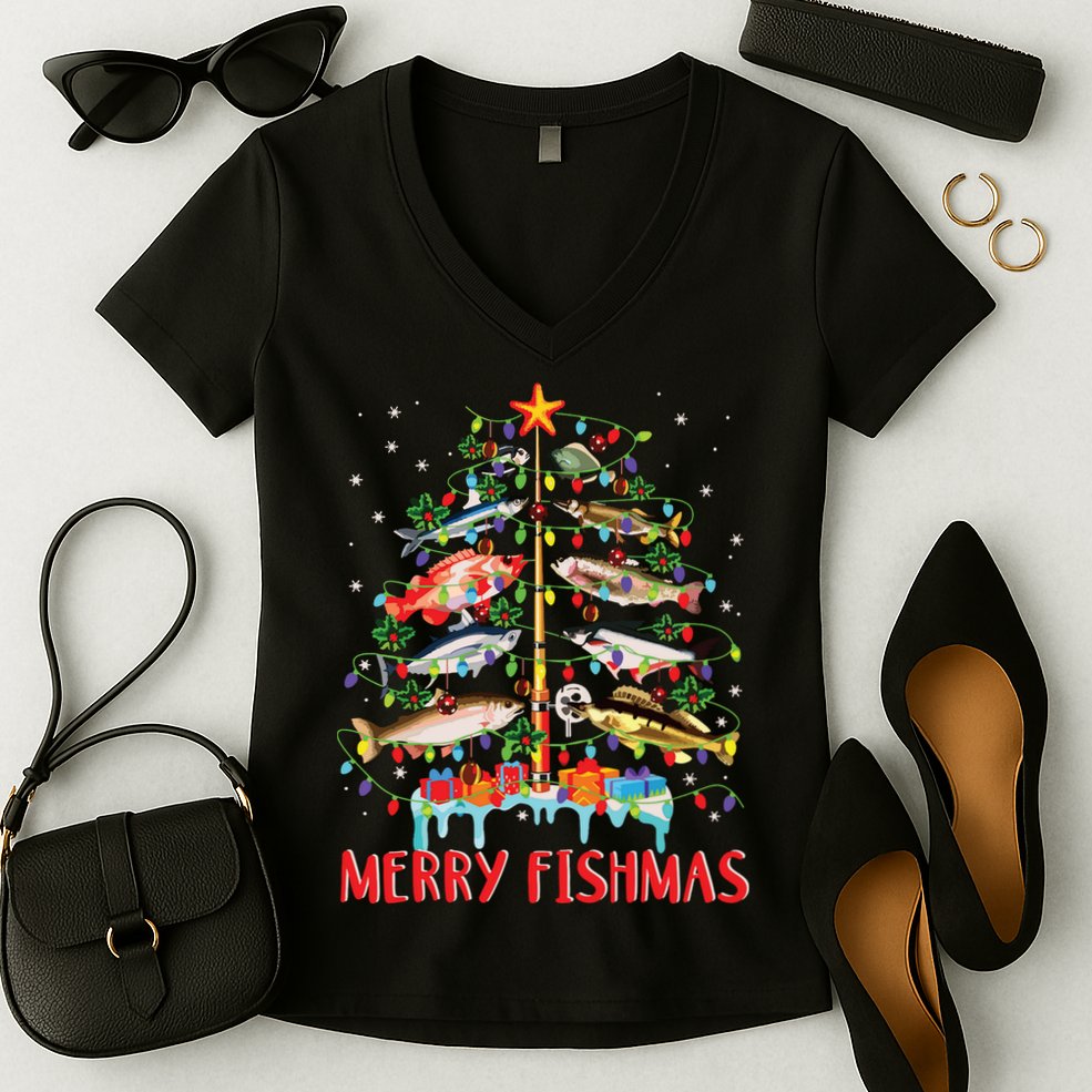 Merry Fishmas Funny Christmas Tree Lights Fish Fishing Rod Women's V-Neck T-Shirt