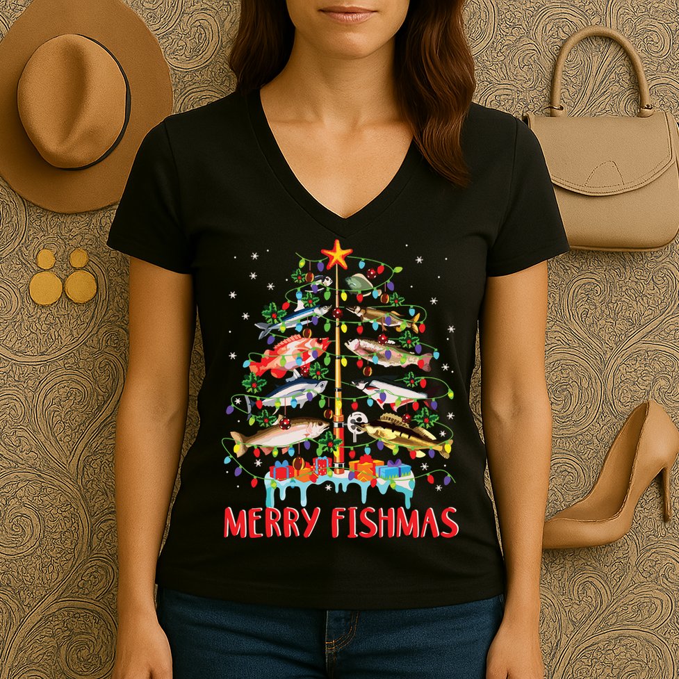 Merry Fishmas Funny Christmas Tree Lights Fish Fishing Rod Women's V-Neck T-Shirt