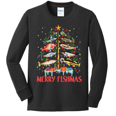 Merry Fishmas Funny Christmas Tree Lights Fish Fishing Rod Kids Long Sleeve Shirt