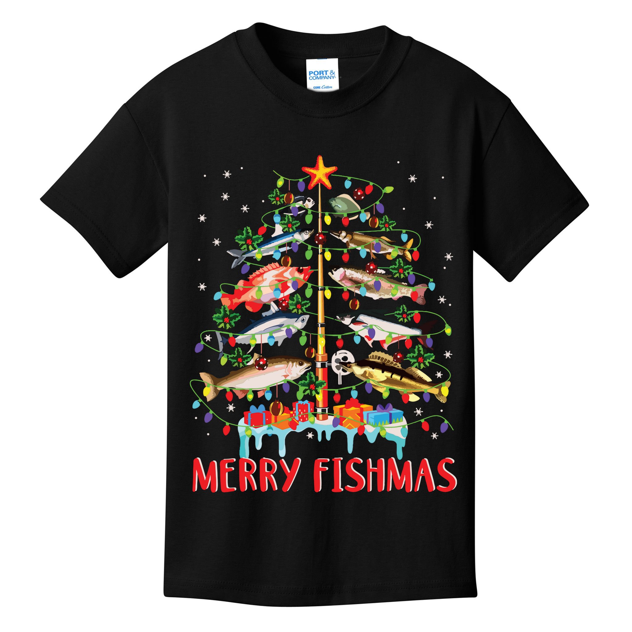 Merry Fishmas Funny Christmas Tree Lights Fish Fishing Rod Kids T-Shirt