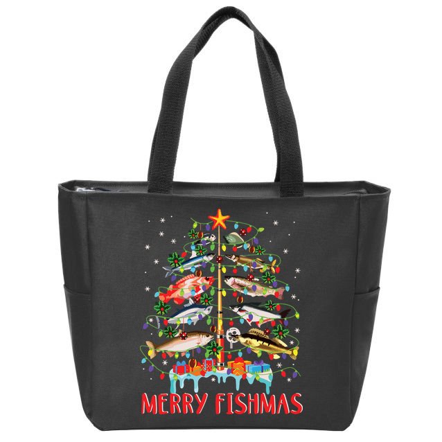 Merry Fishmas Funny Christmas Tree Lights Fish Fishing Rod Zip Tote Bag