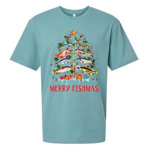 Merry Fishmas Funny Christmas Tree Lights Fish Fishing Rod Sueded Cloud Jersey T-Shirt