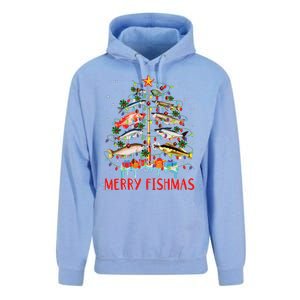 Merry Fishmas Funny Christmas Tree Lights Fish Fishing Rod Unisex Surf Hoodie