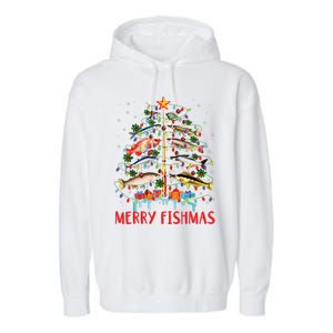 Merry Fishmas Funny Christmas Tree Lights Fish Fishing Rod Garment-Dyed Fleece Hoodie