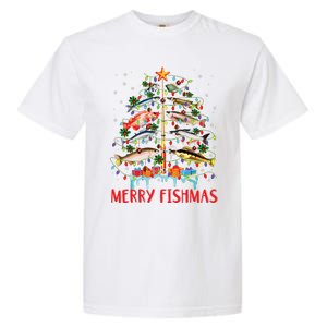 Merry Fishmas Funny Christmas Tree Lights Fish Fishing Rod Garment-Dyed Heavyweight T-Shirt