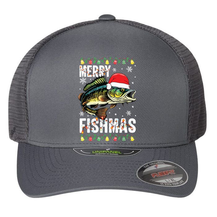 Merry Fishmas Funny Fishing Christmas Pajama Fishers Flexfit Unipanel Trucker Cap