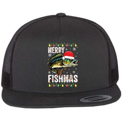 Merry Fishmas Funny Fishing Christmas Pajama Fishers Flat Bill Trucker Hat