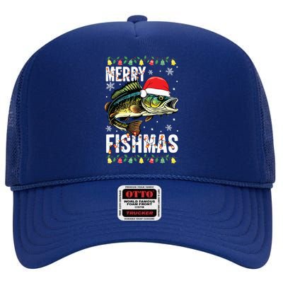 Merry Fishmas Funny Fishing Christmas Pajama Fishers High Crown Mesh Back Trucker Hat