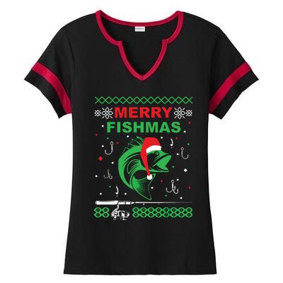 Merry Fishmas Funny Fishing Ugly Christmas Sweater Ladies Halftime Notch Neck Tee