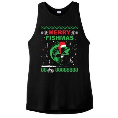 Merry Fishmas Funny Fishing Ugly Christmas Sweater Ladies PosiCharge Tri-Blend Wicking Tank