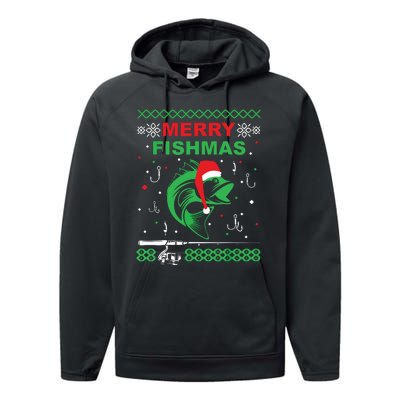 Merry Fishmas Funny Fishing Ugly Christmas Sweater Performance Fleece Hoodie