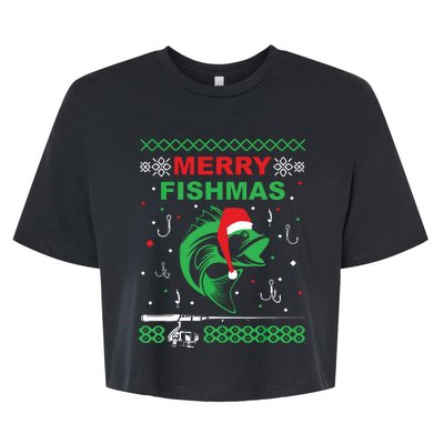 Merry Fishmas Funny Fishing Ugly Christmas Sweater Bella+Canvas Jersey Crop Tee