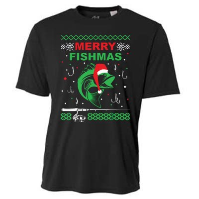 Merry Fishmas Funny Fishing Ugly Christmas Sweater Cooling Performance Crew T-Shirt