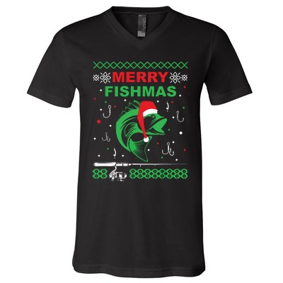 Merry Fishmas Funny Fishing Ugly Christmas Sweater V-Neck T-Shirt