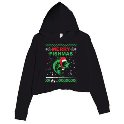 Merry Fishmas Funny Fishing Ugly Christmas Sweater Crop Fleece Hoodie