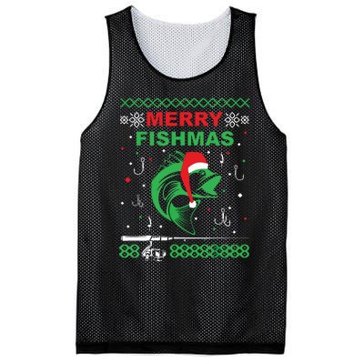 Merry Fishmas Funny Fishing Ugly Christmas Sweater Mesh Reversible Basketball Jersey Tank