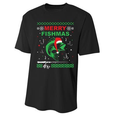 Merry Fishmas Funny Fishing Ugly Christmas Sweater Performance Sprint T-Shirt