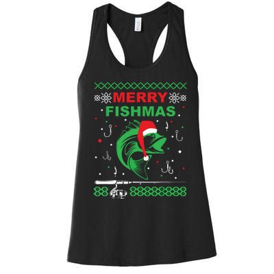 Merry Fishmas Funny Fishing Ugly Christmas Sweater Women's Racerback Tank