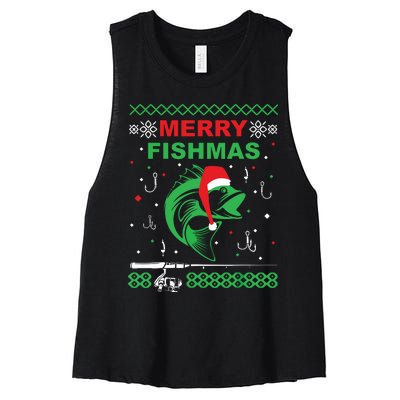 Merry Fishmas Funny Fishing Ugly Christmas Sweater Women's Racerback Cropped Tank