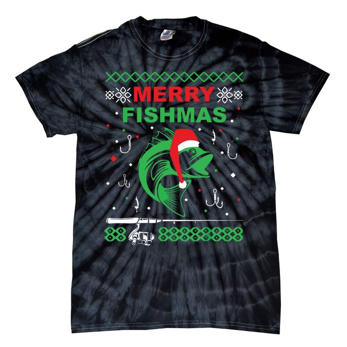 Merry Fishmas Funny Fishing Ugly Christmas Sweater Tie-Dye T-Shirt