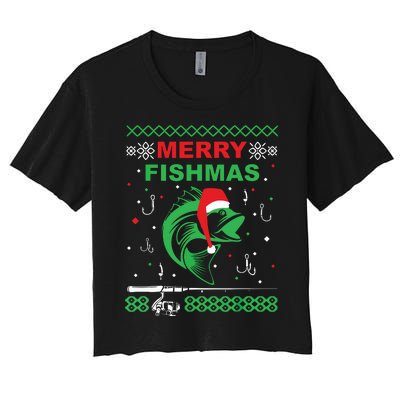 Merry Fishmas Funny Fishing Ugly Christmas Sweater Women's Crop Top Tee