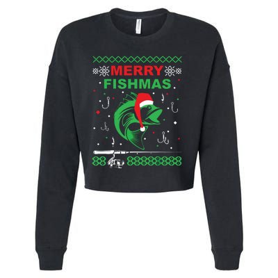 Merry Fishmas Funny Fishing Ugly Christmas Sweater Cropped Pullover Crew