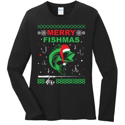 Merry Fishmas Funny Fishing Ugly Christmas Sweater Ladies Long Sleeve Shirt