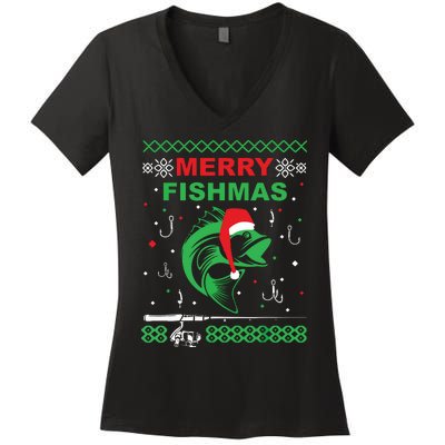 Merry Fishmas Funny Fishing Ugly Christmas Sweater Women's V-Neck T-Shirt