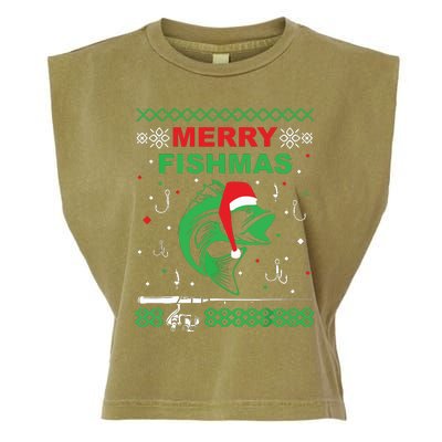 Merry Fishmas Funny Fishing Ugly Christmas Sweater Garment-Dyed Women's Muscle Tee