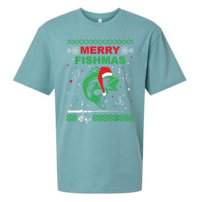 Merry Fishmas Funny Fishing Ugly Christmas Sweater Sueded Cloud Jersey T-Shirt