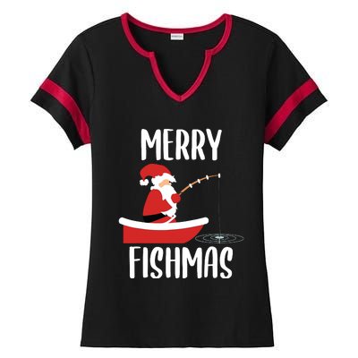 Merry Fishmas Funny Santa Fishing Fisherman Christmas Xmas Ladies Halftime Notch Neck Tee