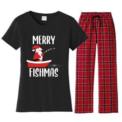 Merry Fishmas Funny Santa Fishing Fisherman Christmas Xmas Women's Flannel Pajama Set